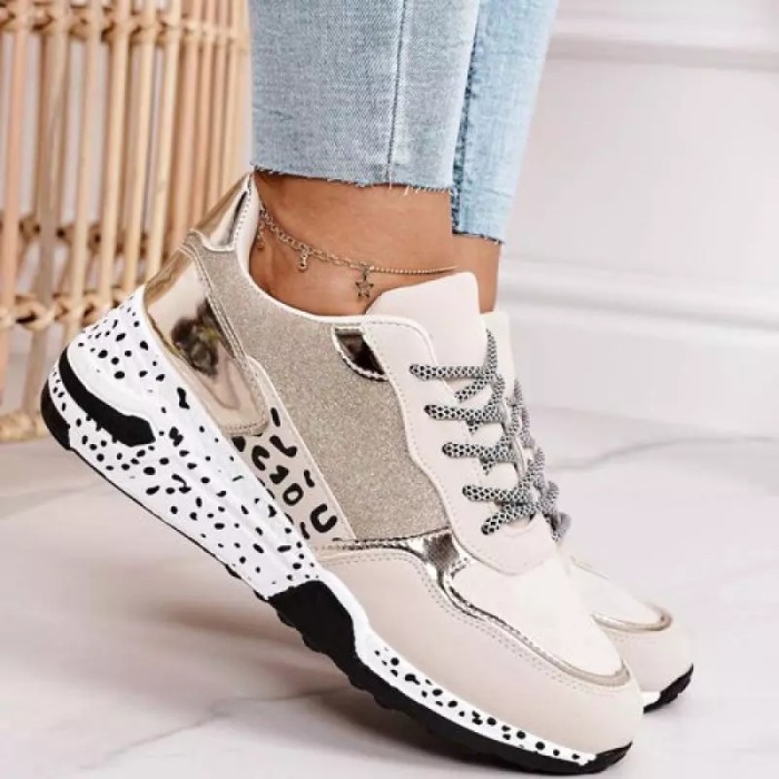 Women's Leather Leopard Print Thick Bottom Comfortable Sneakers