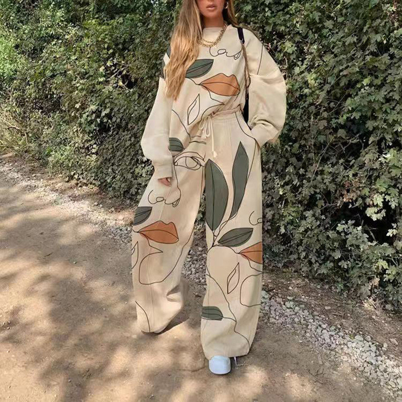 Elegant Print Graffiti Frenulum Long Sleeve Two Pieces