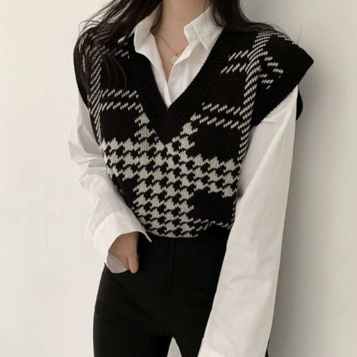 Retro Contrast Color Plaid V-Neck Sleeveless Fashion Versatile Casual Sweater Vests