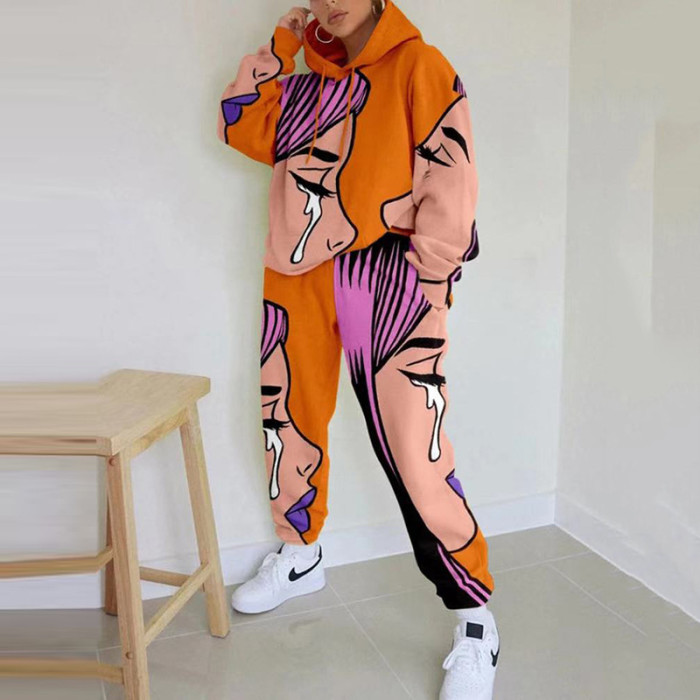 Women's Fashion Loose Graffiti Print Long Sleeve Sportswear Two Pieces