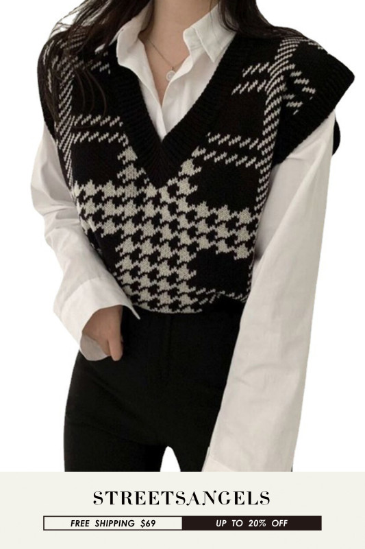 Retro Contrast Color Plaid V-Neck Sleeveless Fashion Versatile Casual Sweater Vests