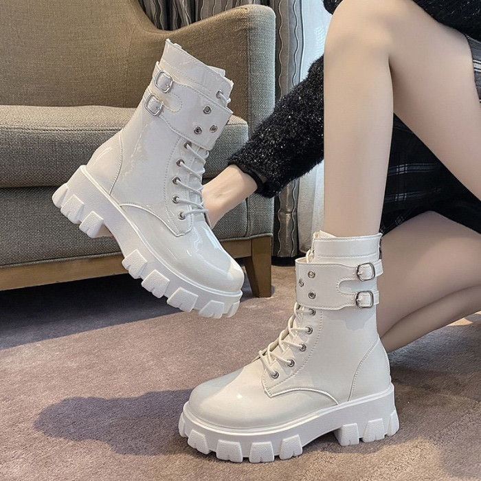 Women Casual Thick Sole Buckle Back Zipper Martin Boots