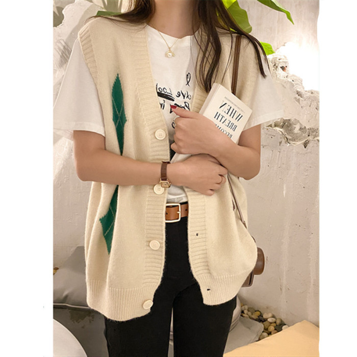 Women's Casual Sleeveless Button Stripe Print V Neck Sweater  Sweater Vest