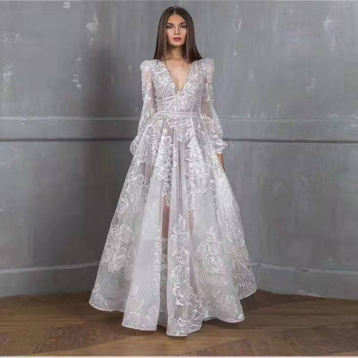 Women's Fashion Elegant Sexy Deep V Lace Embroidered Dress Party Prom Dress