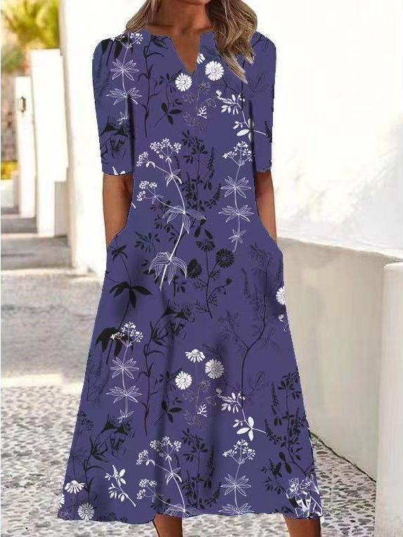 Fashion Ladies Print V-Neck Pocket Swing  Midi Dress