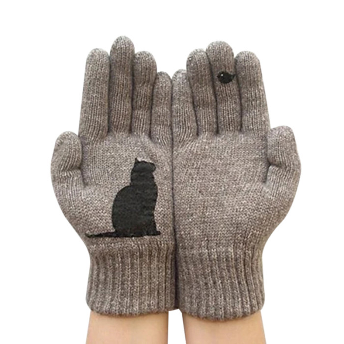 Cute Cat Print Warm Wool Outdoor Cold Padded Gloves