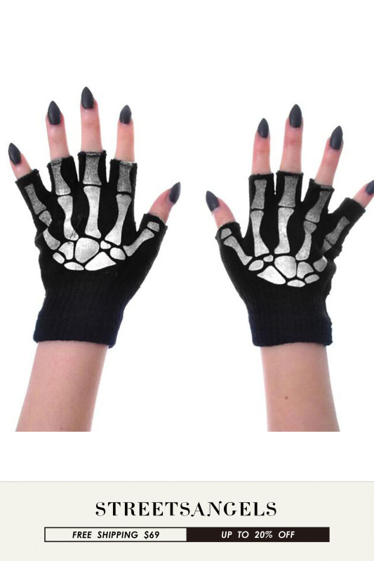 Ladies Personality Skull Half Finger Stretch Warm Gloves