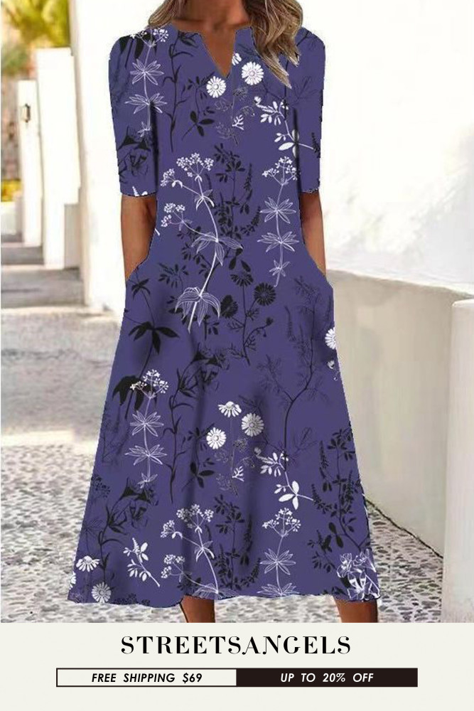 Fashion Ladies Print V-Neck Pocket Swing  Midi Dress