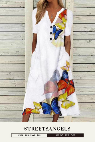 Fashion Print V Neck Single Breasted Cotton Pocket Casual Midi Dress