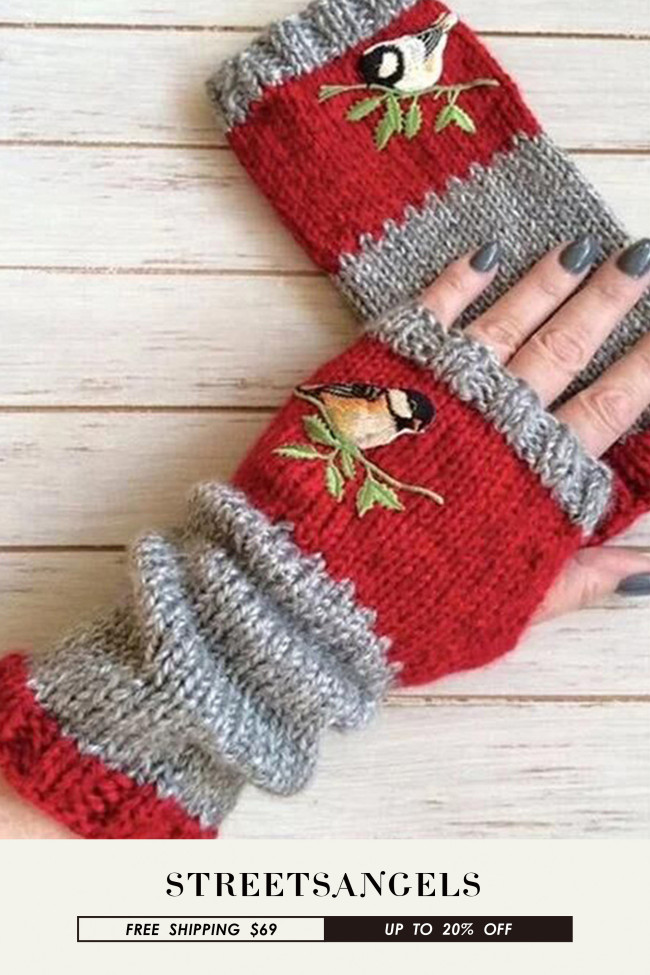 Embroidered Bird Fashion Cotton Fingerless Patchwork Gloves & Mittens