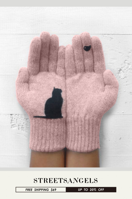 Cute Cat Print Warm Wool Outdoor Cold Padded Gloves