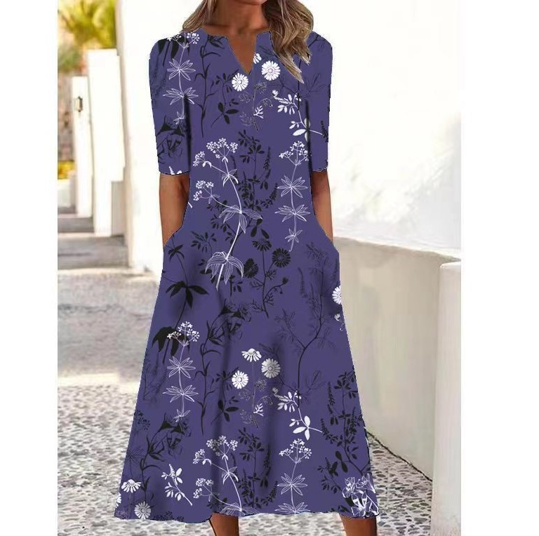 Fashion Ladies Print V-Neck Pocket Swing  Midi Dress