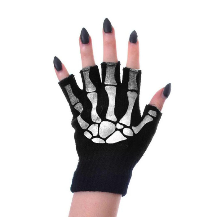 Ladies Personality Skull Half Finger Stretch Warm Gloves