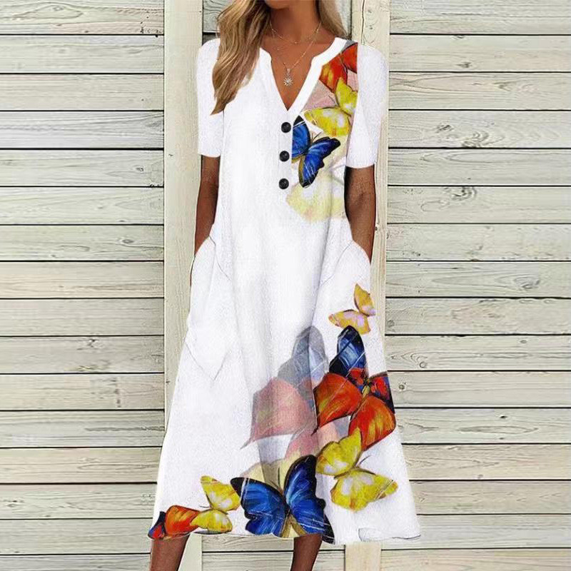 Fashion Print V Neck Single Breasted Cotton Pocket Casual Midi Dress