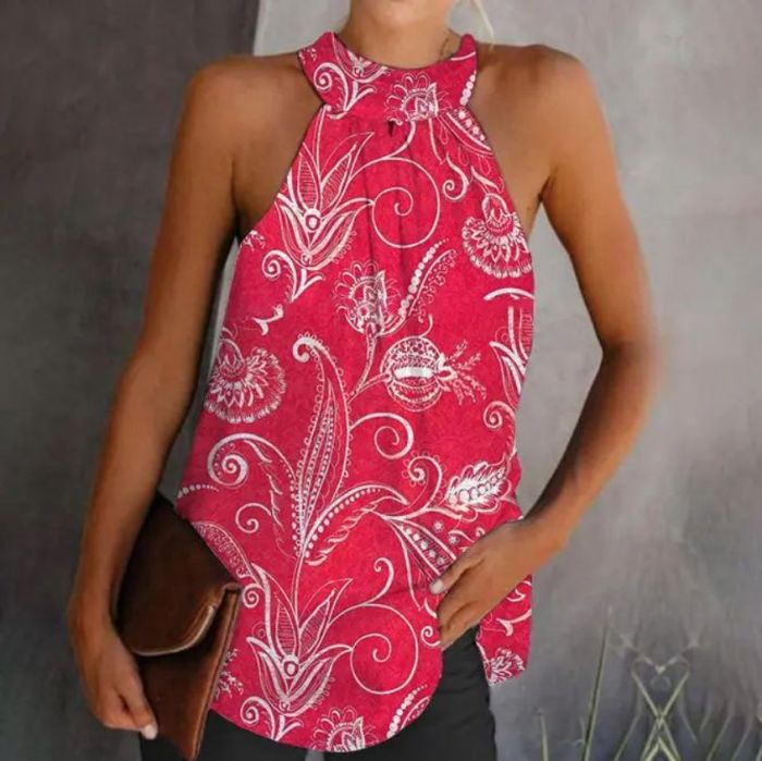 Fashion Women's Butterfly Print Sleeveless Halter Tie   Blouses