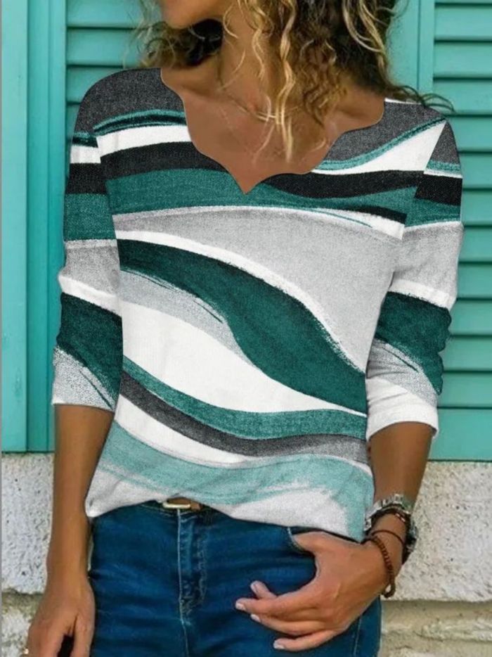 Women's Fashion Ruched Printed Loose Mid Sleeve V-Neck T-Shirt