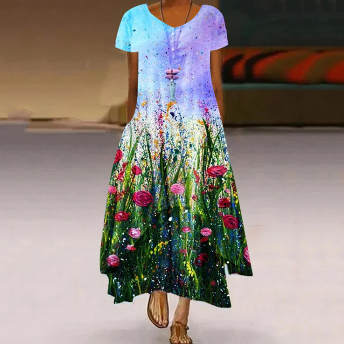 Floral Fashion Casual Irregular Print Loose Party  Maxi Dress