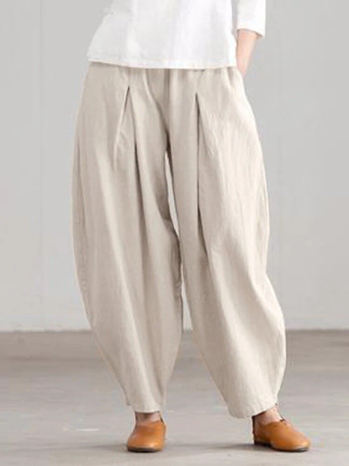 Ladies Fashion Simple Casual Cotton Linen Harem Wide Leg Pants