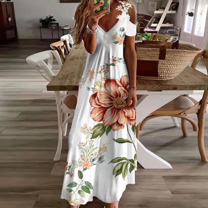 Fashion Sexy Cutout Floral V Neck Boho Casual Party Maxi Dress