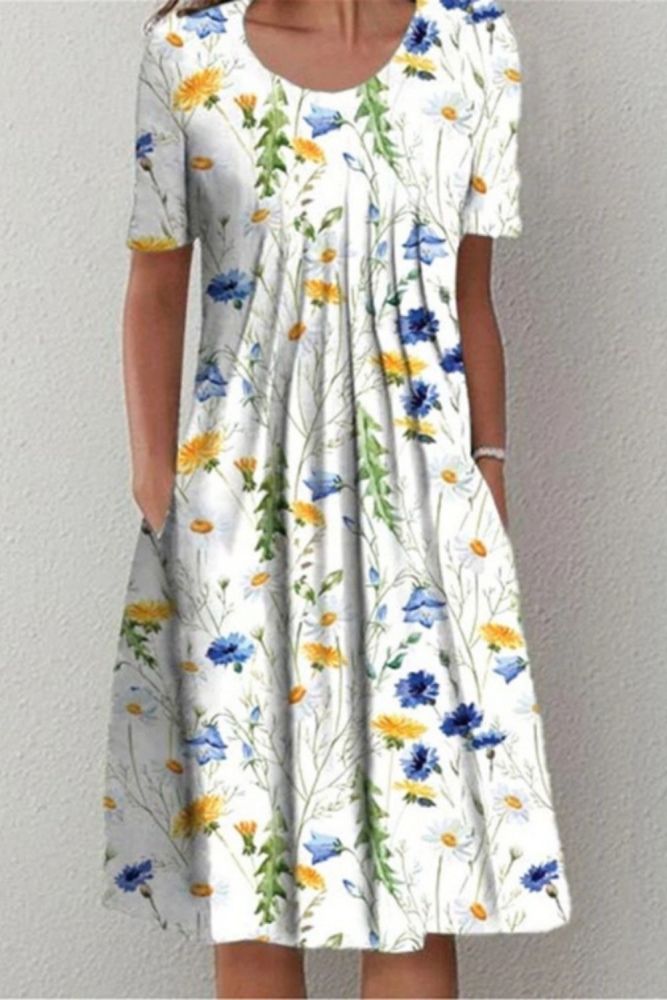 Fashion Round Neck Elegant Floral Pocket Street Casual  Midi Dress