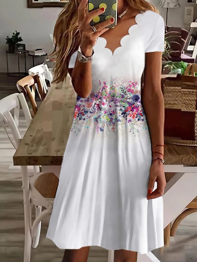 Women's Printed V-Neck A-Line Casual Boho Midi Dress