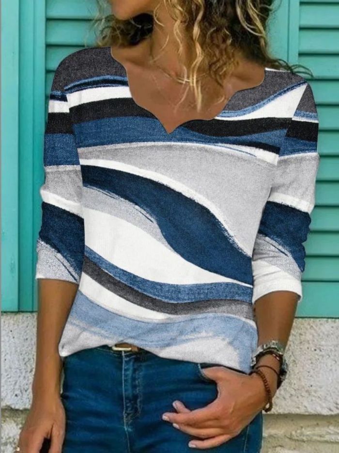 Women's Fashion Ruched Printed Loose Mid Sleeve V-Neck T-Shirt