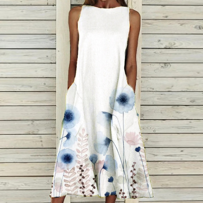 Fashion Round Neck Sleeveless Print Contrast Pocket Loose  Midi Dress