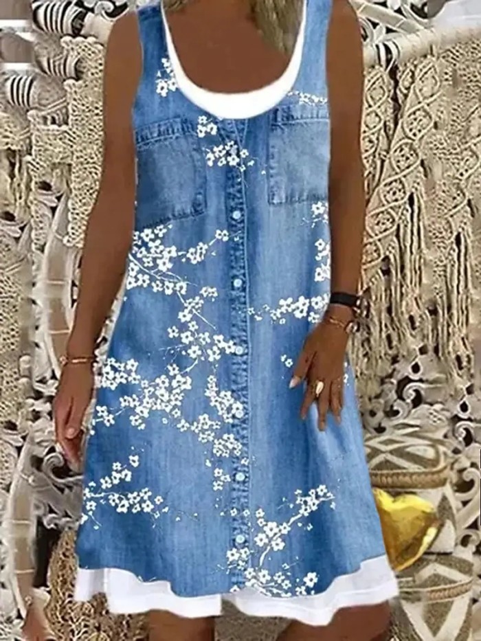 Women's A-Line Fashion Fake Two Piece Denim Print Casual Dress