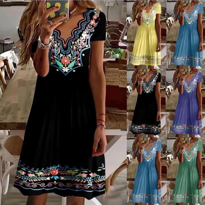 Elegant Women's Floral Print Wavy V Neck Casual  Midi Dress