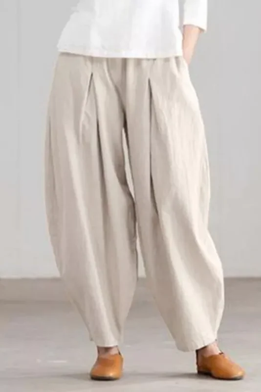 Ladies Fashion Simple Casual Cotton Linen Harem Wide Leg Pants
