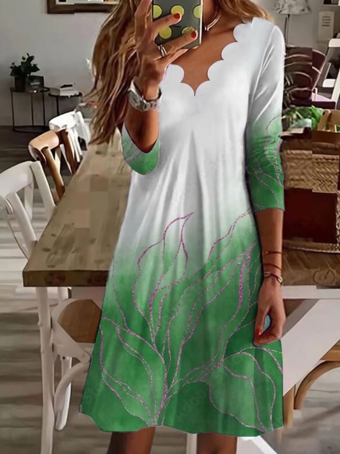 Fashionable Sexy Boho Print Wave Neck Mid Sleeve Casual  Midi Dress