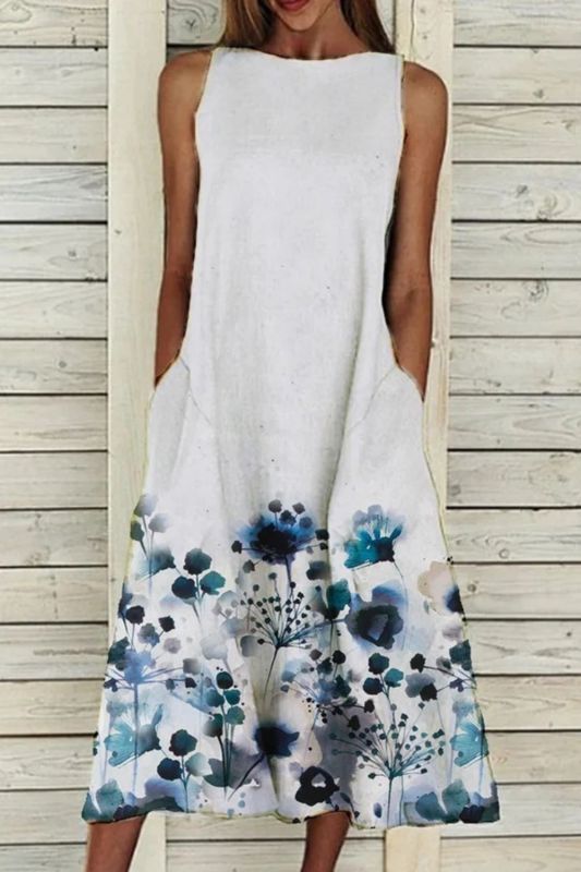 Fashion Round Neck Sleeveless Print Contrast Pocket Loose  Midi Dress