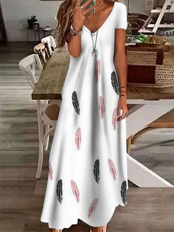 Fashion A-line Slim Print Low-cut V-Neck Sling  Maxi Dress