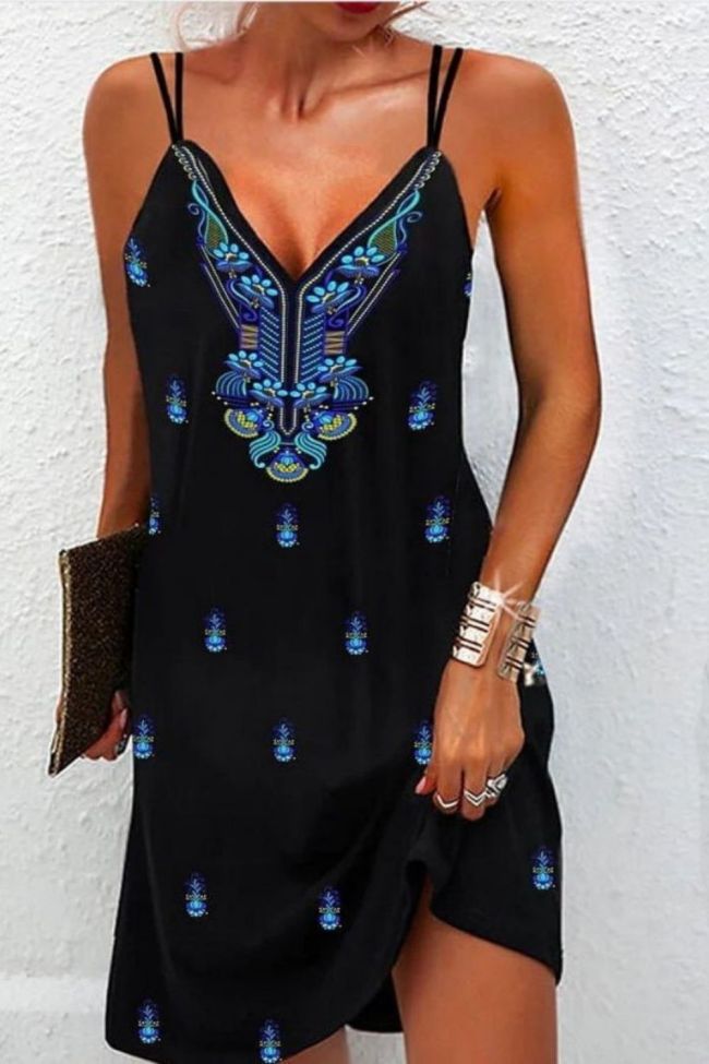 Elegant Boho Neck Loose Beach Print Sexy Fashion  Casual Dress