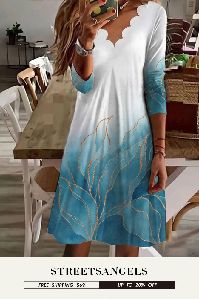 Fashionable Sexy Boho Print Wave Neck Mid Sleeve Casual  Midi Dress