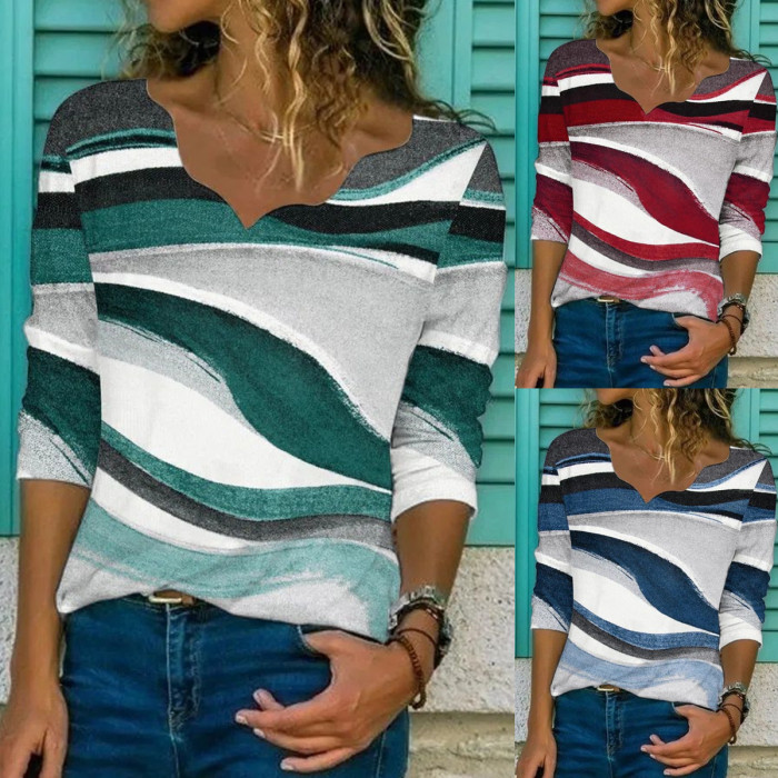 Women's Fashion Ruched Printed Loose Mid Sleeve V-Neck T-Shirt