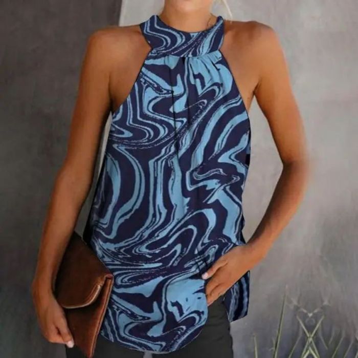Fashion Women's Butterfly Print Sleeveless Halter Tie   Blouses