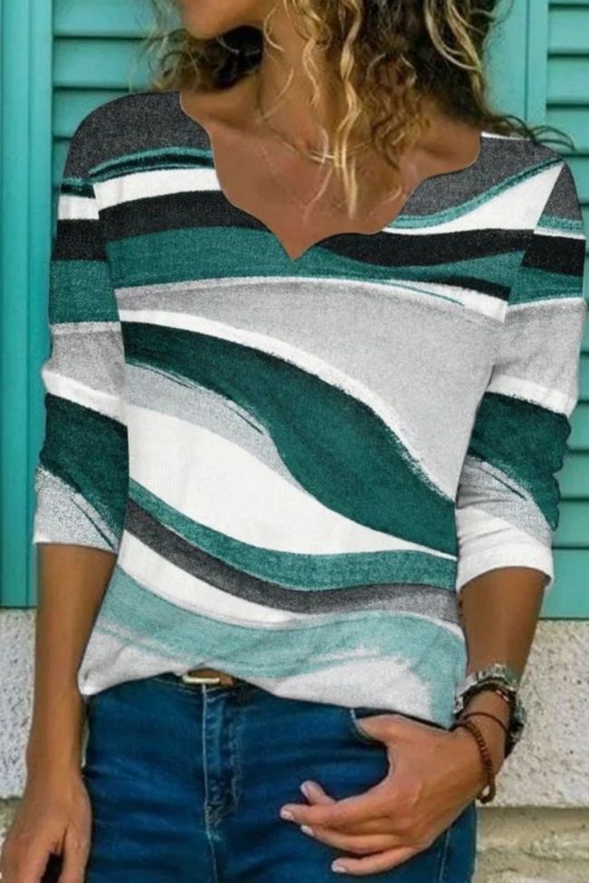Women's Fashion Ruched Printed Loose Mid Sleeve V-Neck T-Shirt