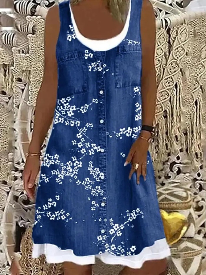 Women's A-Line Fashion Fake Two Piece Denim Print Casual Dress