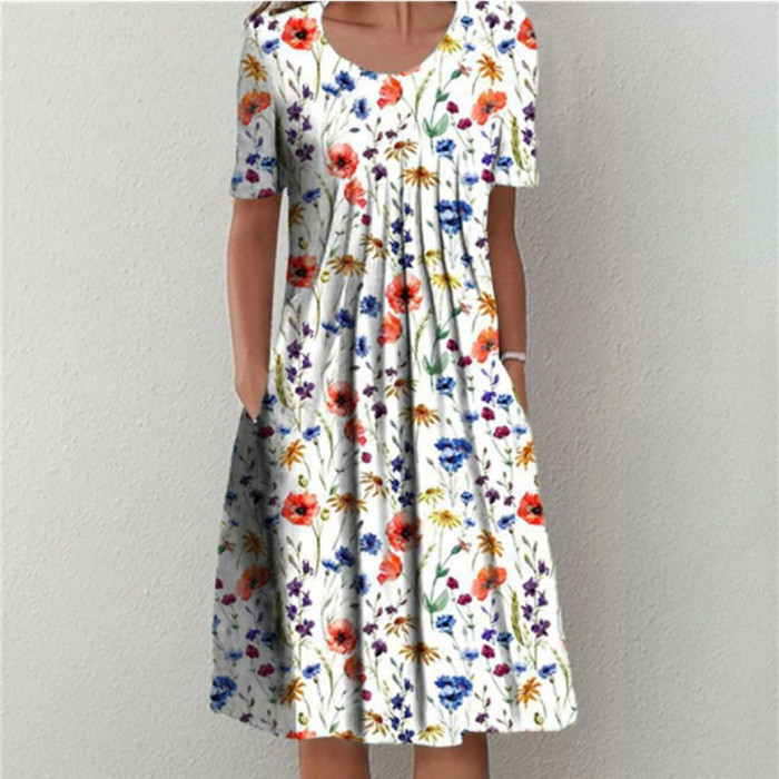 Fashion Round Neck Elegant Floral Pocket Street Casual  Midi Dress