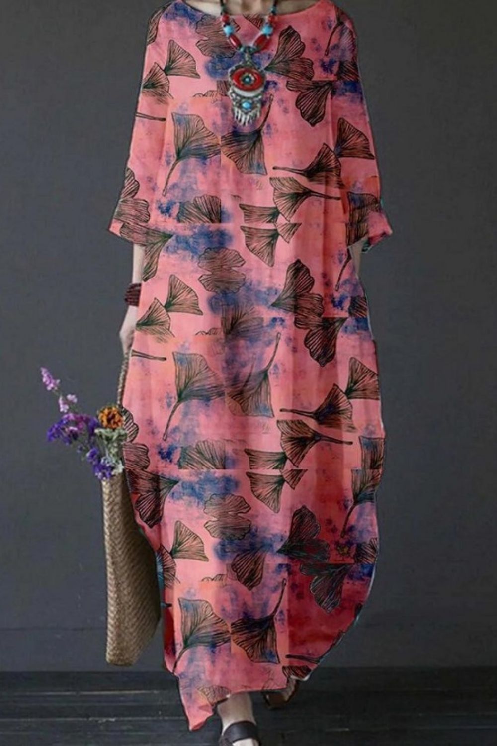 Women’s Boho Bohemian Cotton Gray Floral Embroidered Long 3/4 Sleeve Summer Cotton Maxi Dress