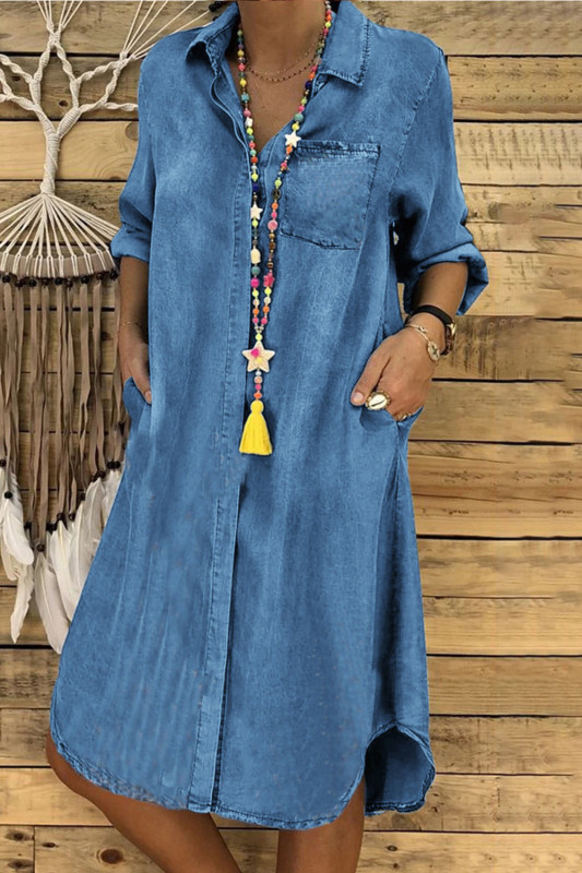 Fashion Solid Color Lapel Long Sleeve Loose Denim  Casual Dress