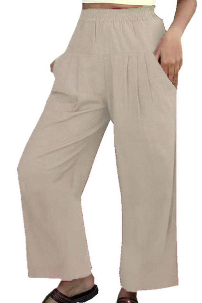 Solid Color High Waist Cotton Linen Fashion Casual Wide Leg Pants