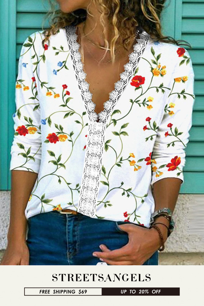 Fashion Lace V Neck Casual Floral Print Elegant Loose Blouses