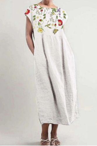 Women's Printed Linen Art Retro Loose Round Neck Midi Dress