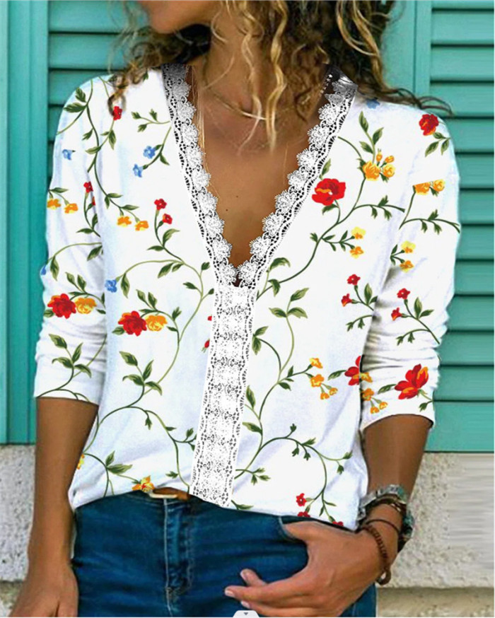 Fashion Lace V Neck Casual Floral Print Elegant Loose Blouses