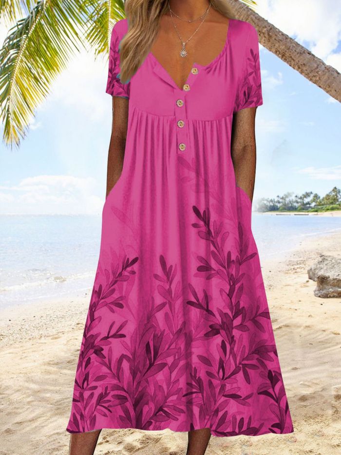 Loose Casual Slim Fit Fashion Print V Neck Button  Midi Dress