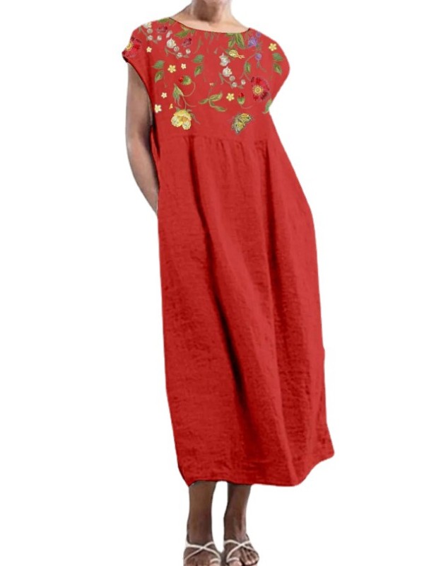 Women's Printed Linen Art Retro Loose Round Neck Midi Dress