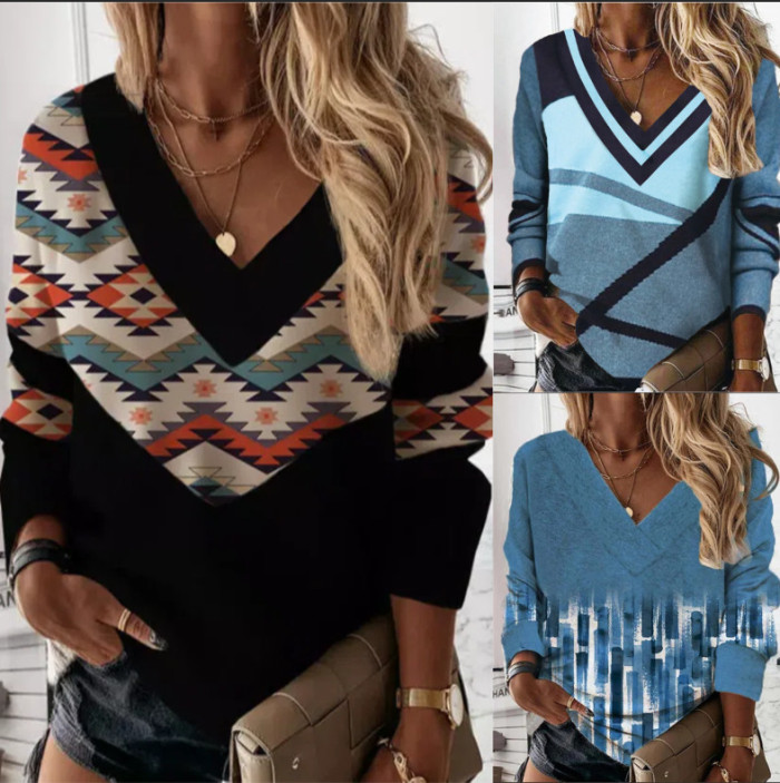 Fashion V-Neck Loose Geometric Color Block Print Casual Sweatshirt