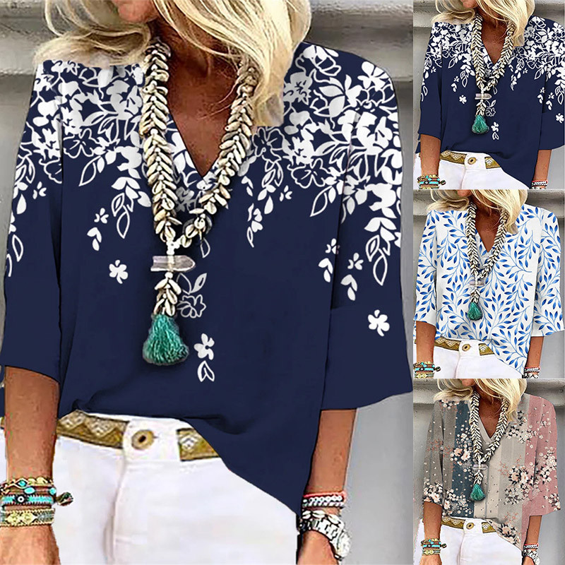 Casual Floral Print Loose V Neck Loose Half Sleeve Fashion  Blouses